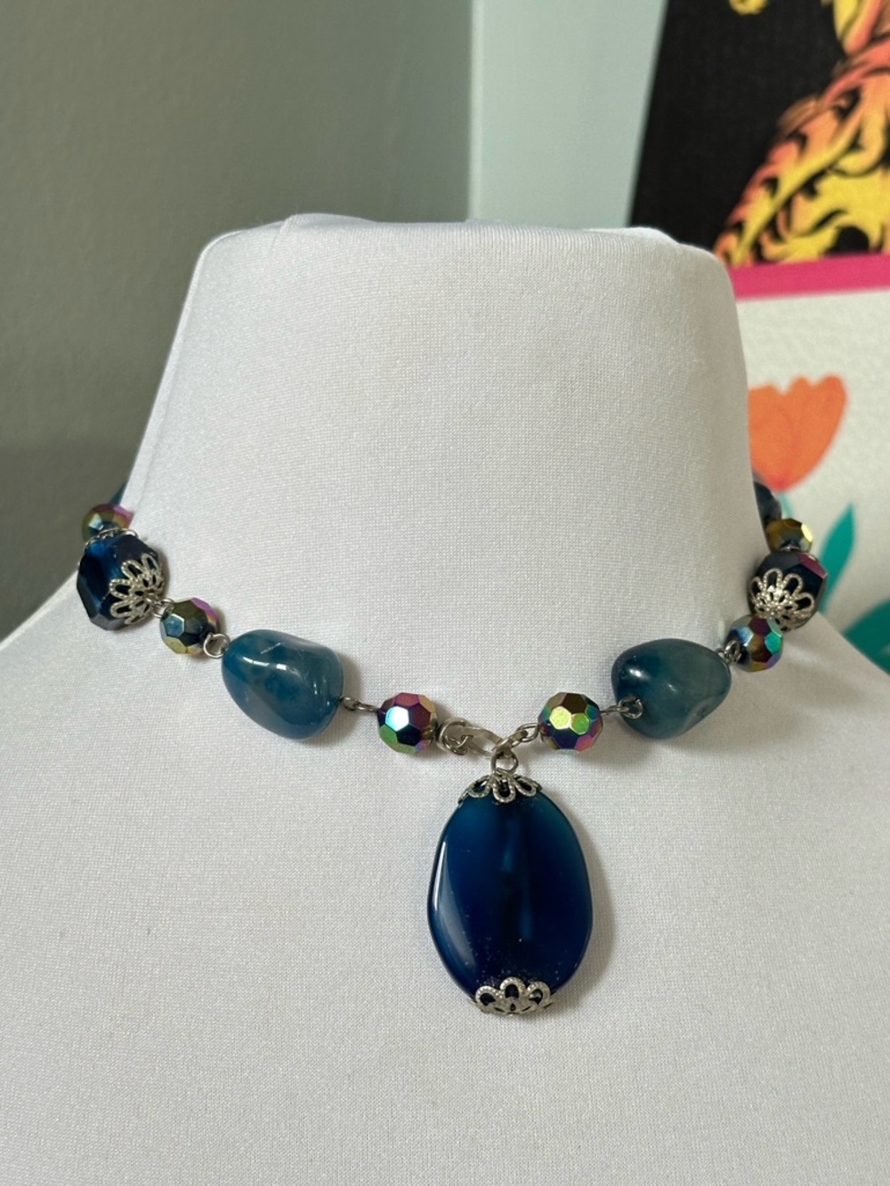 Huge Iridescent Blue Beaded Stone Necklace Y2K McBling Handmade Mermaidcore